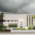 Modern Garden Feature Wall With White Stone Decorative Panels Greenery And Lighting 3d model