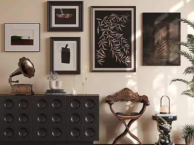 Vintage Interior With Framed Artworks Gramophone Circular Hole Cabinet Carved Chair And Potted Plant 3d model