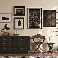 Vintage Interior With Framed Artworks Gramophone Circular Hole Cabinet Carved Chair And Potted Plant