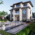 Modern Luxury Detached Villa Showcasing Landscaped Garden Central Fountain And Stone Steps