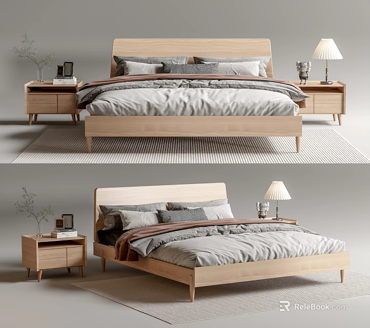 Modern Wooden Double Bed With Bedside Tables Table Lamp And Gray Bedding 3d model