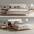 Modern Wooden Double Bed With Bedside Tables Table Lamp And Gray Bedding 3d model