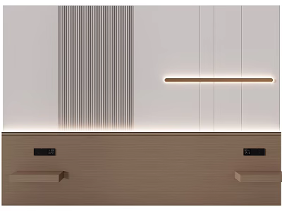 Minimalist Bedroom Accent Wall With Vertical Stripes Wooden Base And Recessed LED Light 3d model