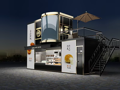 Modern Container Building Food Retail Shop With Staircase Umbrella And Display Window 3d model