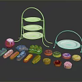 Colorful Assorted Pastries on Metal Stands with White Plates and Various Desserts