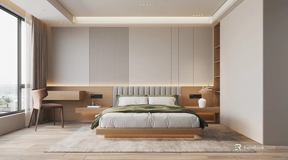 Modern Elegant Bedroom With Wooden Bed Gray Headboard Green Bedding Striped Wall And Gray Rug 3d model 