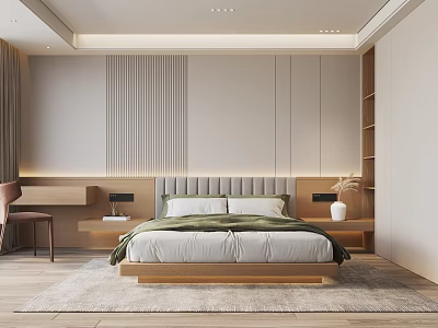 Modern Elegant Bedroom With Wooden Bed Gray Headboard Green Bedding Striped Wall And Gray Rug 3d model