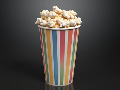 Freshly Popped Popcorn In Colorful Striped Paper Cup With White Kernels 3d model
