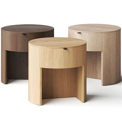 Modern Minimalist Round Wooden Bedside Tables With Natural Light Dark Wood Tones 3d model