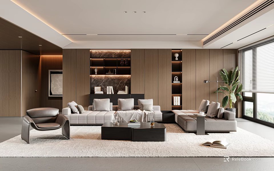 Modern Living Room Interior Design With Gray Sofa Black Coffee Table And Wooden Wall Shelves 3d model 