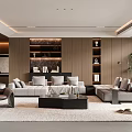Modern Living Room Interior Design With Gray Sofa Black Coffee Table And Wooden Wall Shelves