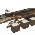 Rustic Log Wood Tea Table with Black Stripe Green Plants and Cushioned Stools 3d model