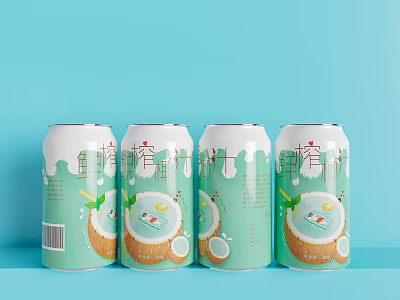 Refreshing Coconut Juice Cans With Green White Design And Coconut Graphics On Light Blue Background 3d model