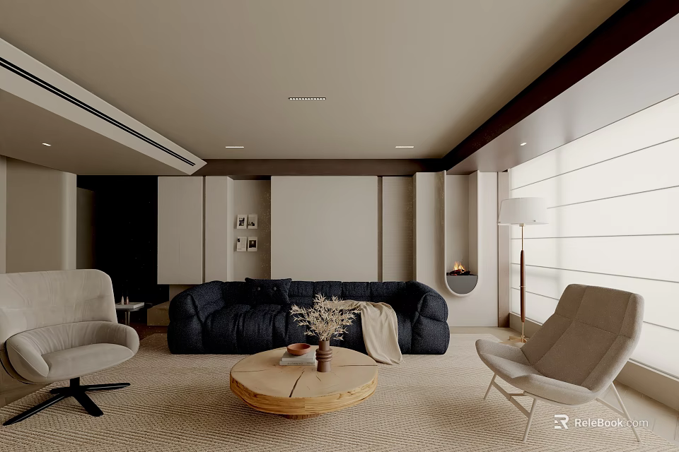Cozy Modern Minimalist Living Room With Plush Sofa Lounge Chairs And Round Wooden Coffee Table 3d model 