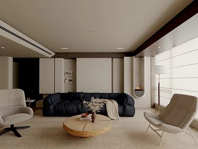 Cozy Modern Minimalist Living Room With Plush Sofa Lounge Chairs And Round Wooden Coffee Table 3d model