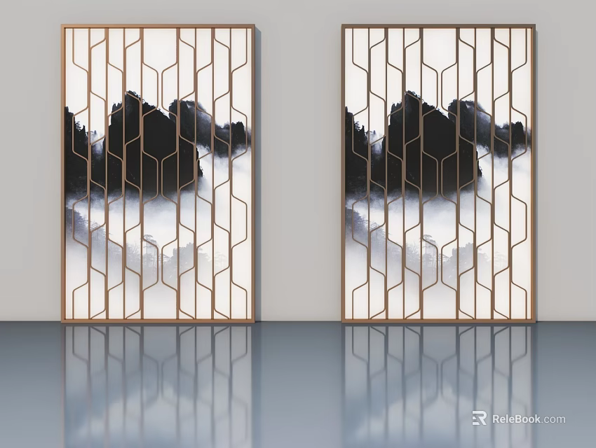 Modern Swing Doors with Geometric Lattice and Landscape Art Panels 3d model