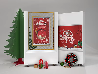 Christmas Festive Display With Red Posters Green Tree Gifts And Wreath Decorations 3d model