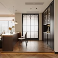Elegant Living and Dining Room Interior Featuring Black Leather Sofa Coffee Table Chandelier Decorative Paintings
