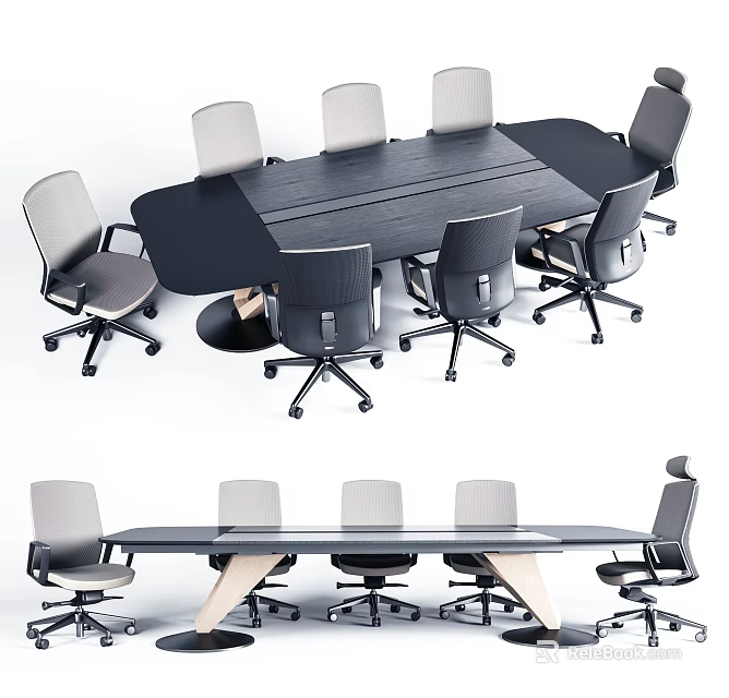 Modern Conference Table with Rolling Office Chairs in Rectangular Shape for Office Setting 3d model