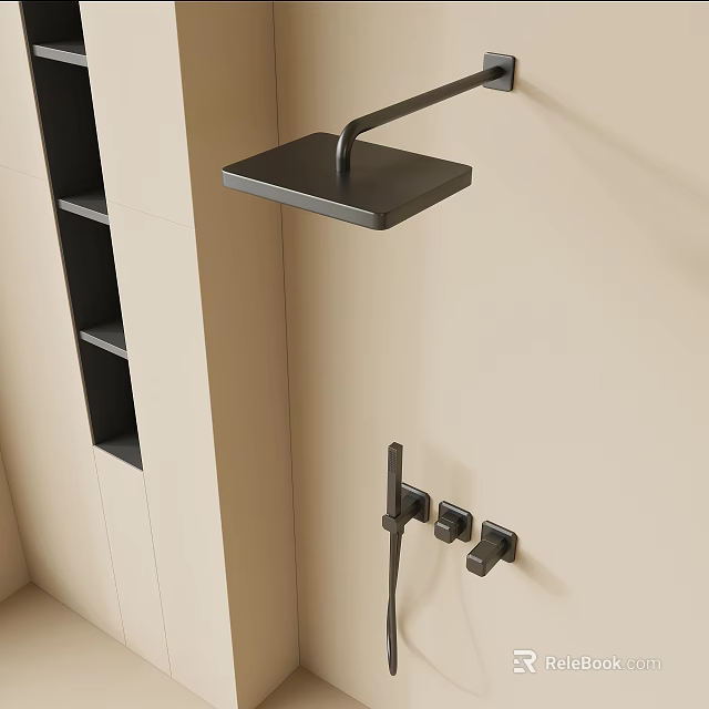 Sleek Modern Wall Mounted Black Shower Head With Control Knobs In Bathroom 3d model 