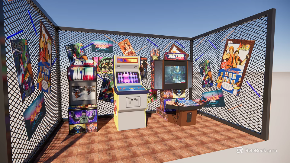 Entertainment Electronics Featuring Arcade Machines In Game Room With Colorful Gaming Posters 3d model 