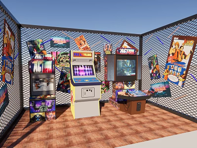 Entertainment Electronics Featuring Arcade Machines In Game Room With Colorful Gaming Posters 3d model