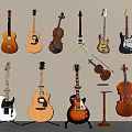 Diverse Musical Instruments Collection Displayed on Wall and Stands with Guitars Violins and Cello