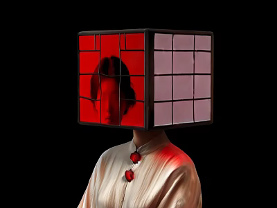 Cubical Art Installation With Red Pink Grid Windows Showing Human Face On Black Background 3d model