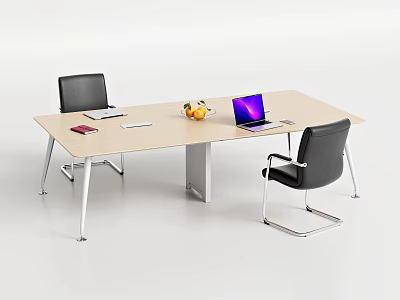 Modern Conference Table With Light Wood Top Two Laptops Fruit Bowl And Black Leather Chairs 3d model