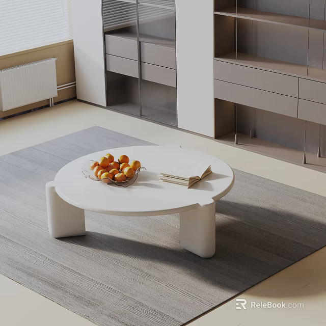 Modern Sofa Coffee Table Set With White Round Table Fruit Books On Gray Rug 3d model