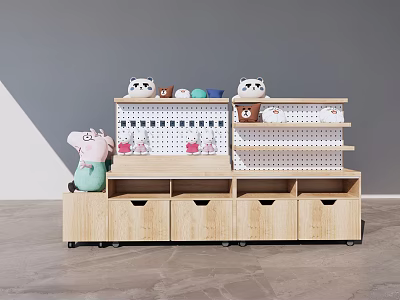 Wooden Display Shelf with Drawers Wheels and Toys Including Peppa Pig Panda Dolls Colorful Balls 3d model