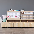 Wooden Display Shelf with Drawers Wheels and Toys Including Peppa Pig Panda Dolls Colorful Balls