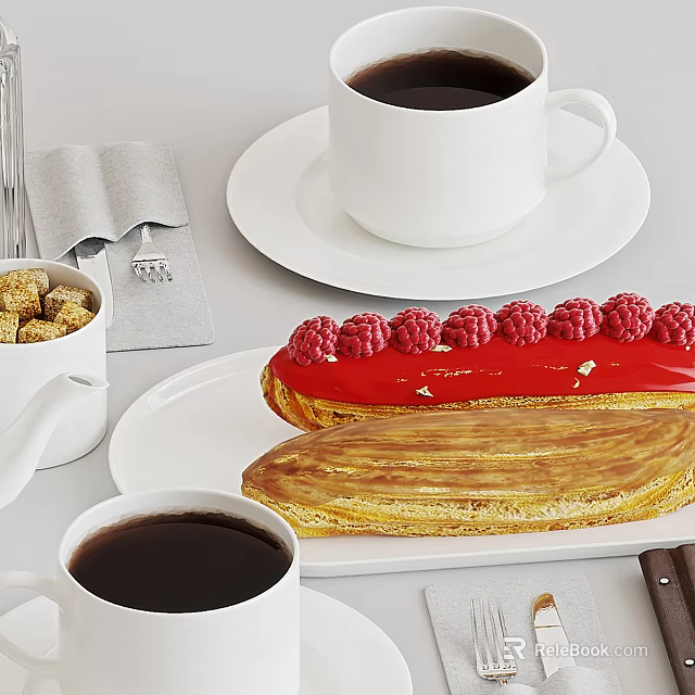 Delicious Raspberry Eclair And Striped Pastry With Coffee And Sugar Cubes On Table 3d model 
