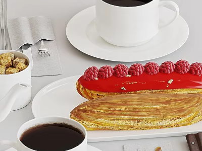 Delicious Raspberry Eclair And Striped Pastry With Coffee And Sugar Cubes On Table 3d model