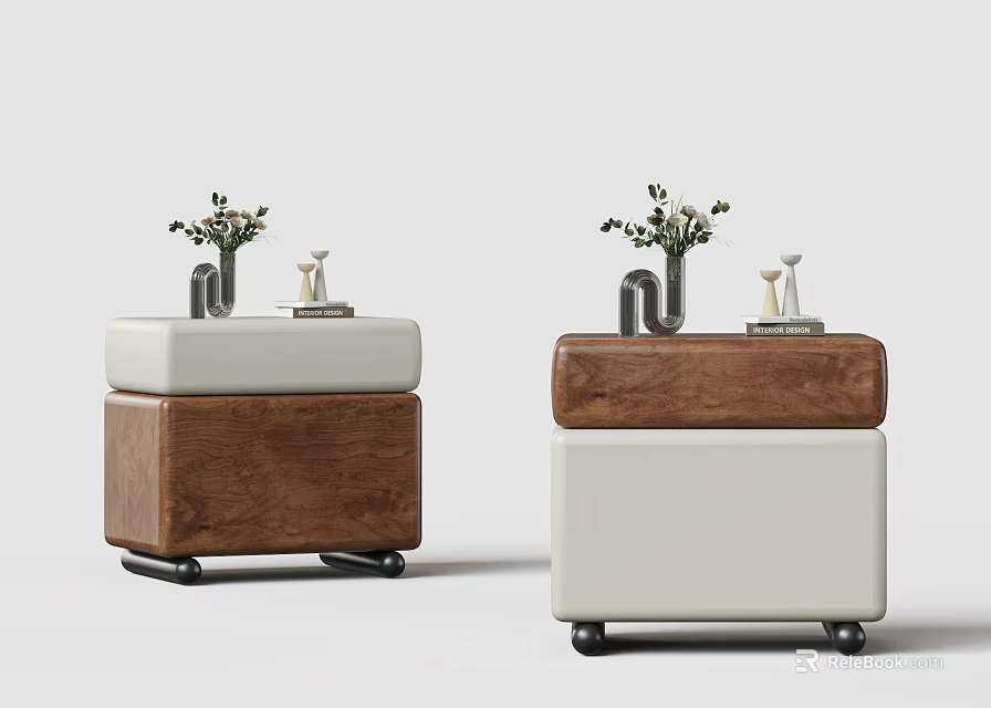 Stylish Rolling Storage Cabinets With Wooden And White Design And Decorative Vase 3d model 