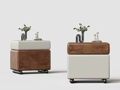 Stylish Rolling Storage Cabinets With Wooden And White Design And Decorative Vase 3d model