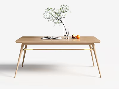 Minimalist Natural Wood Dining Table With Clear Vase Green Twigs Open Book And Fruits 3d model