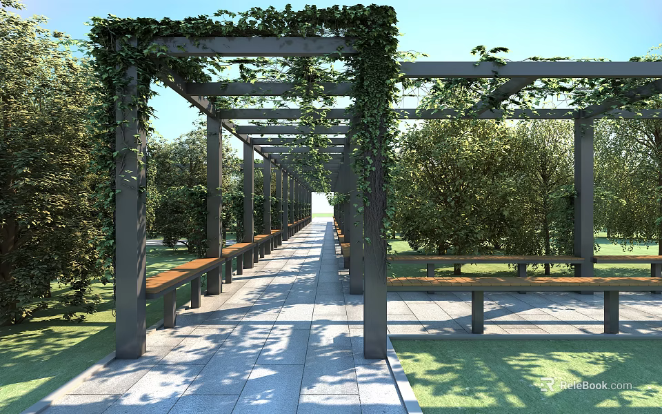 Pergola Covered With Green Vines Featuring Wooden Benches And Stone Pathway In Park 3d model 