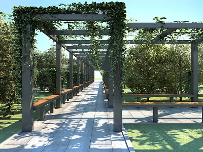 Pergola Covered With Green Vines Featuring Wooden Benches And Stone Pathway In Park 3d model