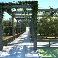 Pergola Covered With Green Vines Featuring Wooden Benches And Stone Pathway In Park