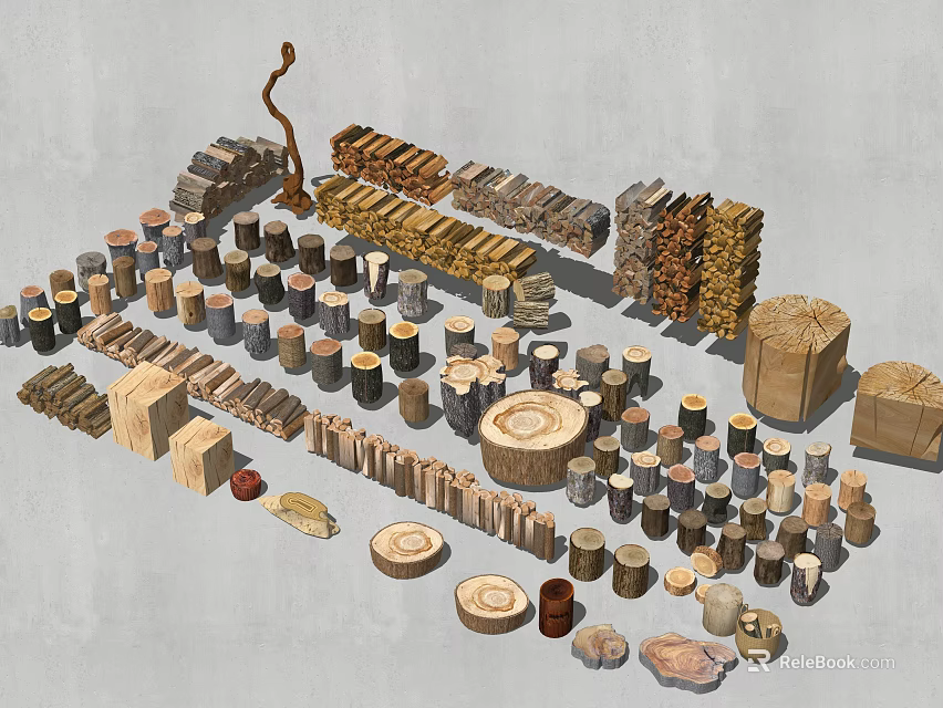 Garden Decorative Elements With Various Wooden Stakes Logs And Stone Blocks 3d model