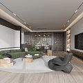 Modern Living And Dining Room Interior With Green Sofa Round Coffee Table And TV Wall