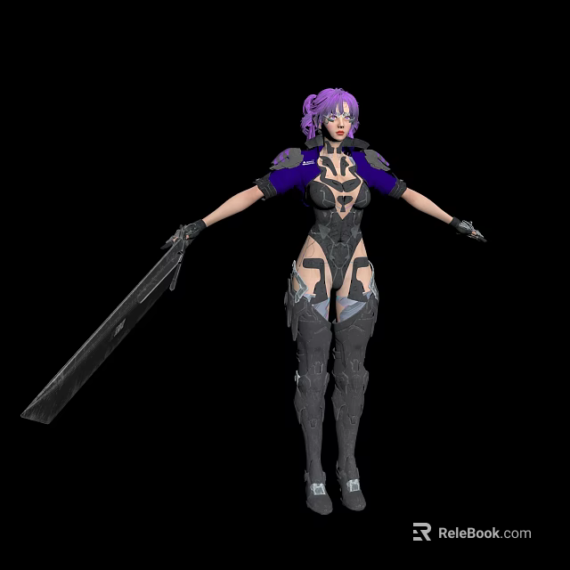 Woman With Purple Hair Wearing Metallic Armor Outfit Holding Large Sword 3d model 