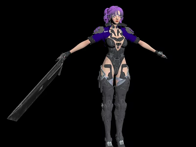 Woman With Purple Hair Wearing Metallic Armor Outfit Holding Large Sword 3d model