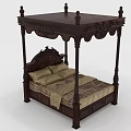 Dark Wooden Four Poster Double Bed With Carved Details Pillows And Patterned Bedspread