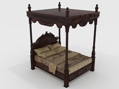 Dark Wooden Four Poster Double Bed With Carved Details Pillows And Patterned Bedspread 3d model