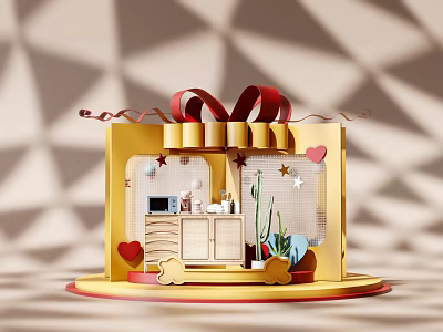 Golden Gift Box Display Stand With Red Bow Miniature Furniture Microwave And Cactus 3d model