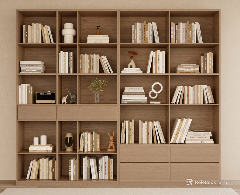 Modern Wooden Bookcase With Multiple Compartments Filled With Books And Decorative Items 3d model 