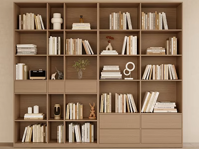 Modern Wooden Bookcase With Multiple Compartments Filled With Books And Decorative Items 3d model