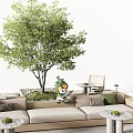 Modern Outdoor Sofa And Coffee Table Set With Green Cushions Round Tables And Trees